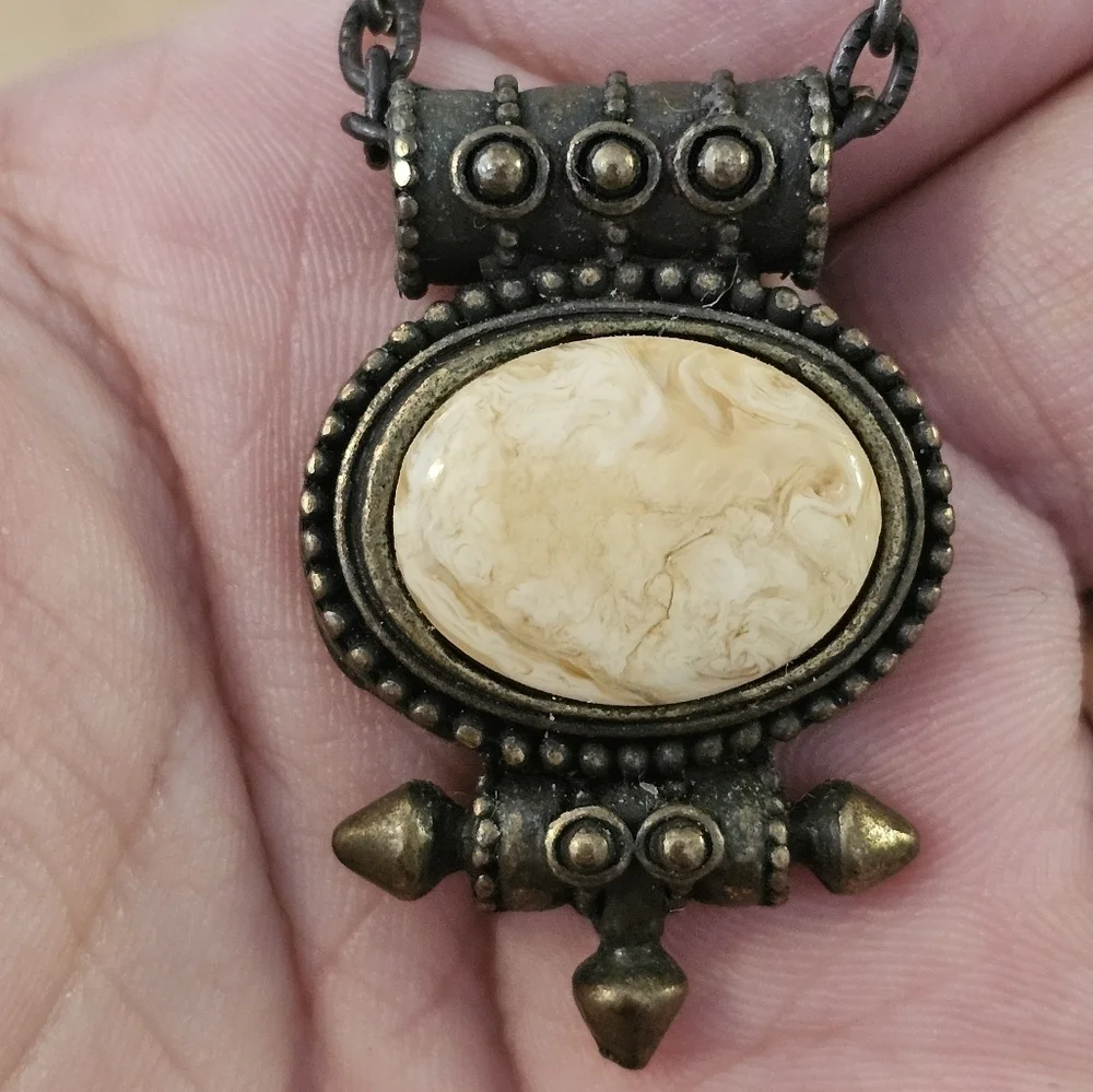 Vintage collectible brass Necklace with creamy marble stone pendant